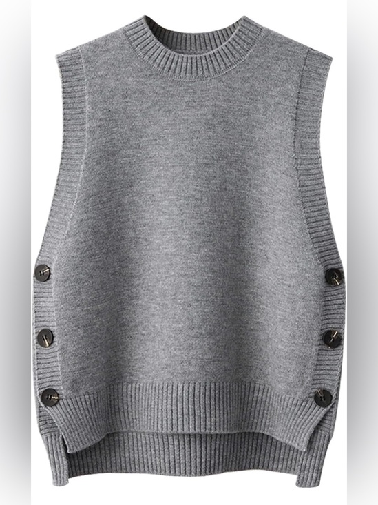 The Unbranded Brand Sweaters - Sleeveless Side-Button V-Neck Sweater Vest Crew Neck Grey